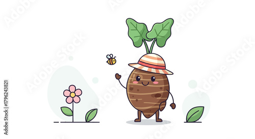 Cute Cartoon Taro Root Character Smiling At A Bee And Flower With Black Background