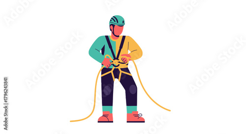Climber Preparing Gear Against Black, Sporty Activity, Safety Vector Design
