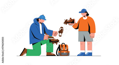 Cleaning Boots After A Hike Illustrated With Minimalist Design And Vibrant Colors