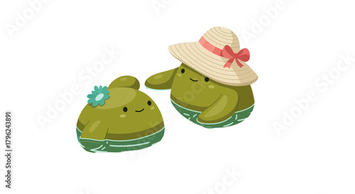 Cute Cartoon Creatures Relaxing In Swimsuits and Sunhats Enjoying Summers Time
