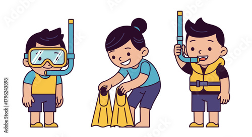 Childrens Preparing To Dive Into The Water With Snorkel Snorkel Masks and Fins