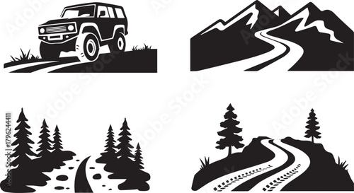 Off road adventure element silhouette with suv mountain road and forest wilderness path