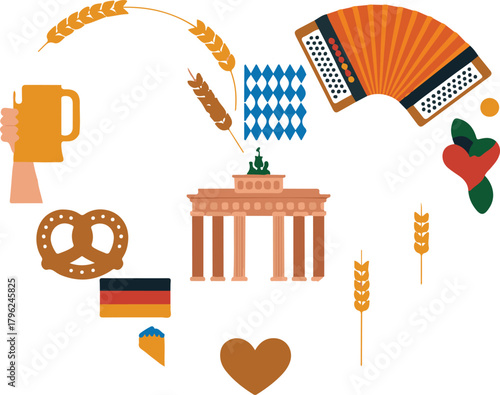 German cultural symbols include brezel, beer, flag, building and accordion illustration