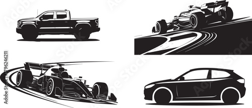 Silhouette illustration of pickup truck race car and hatchback car on transparent