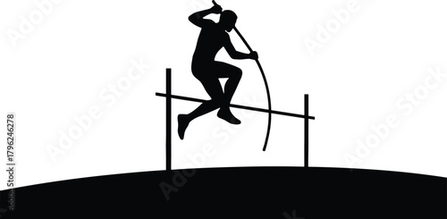 Pole vault silhouette, athletic performance, black and white art, dynamic motion, sports action, strength and technique, track and field, airborne athlete