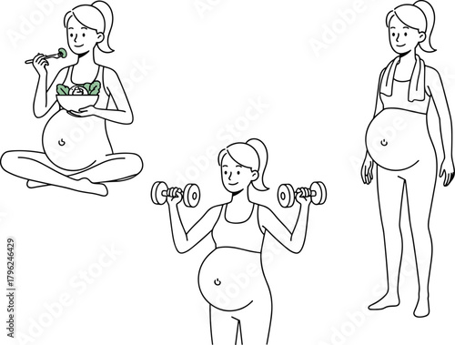 Pregnant woman healthy lifestyle illustration exercising with dumbbells, eating salad, and relaxing after workout promoting prenatal fitness and wellness