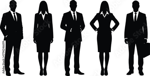 Professional business people silhouettes in formal corporate attire standing confidently, ideal for office presentations, branding materials, workplace 