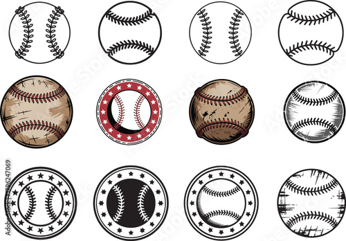 Set of baseballs for sport game equipment with different styles and decoration