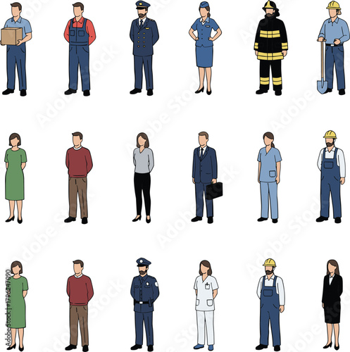 Professional people illustration, various occupations and careers, flat design characters, modern workplace diversity concept, teamwork, business, healthcare, construction, and service industry