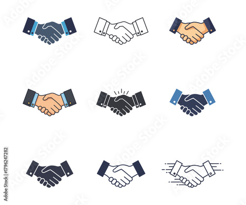 Dynamic set of handshake vector icons illustrating business deals, trust, and successful professional partnerships for global collaboration