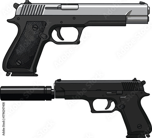 Realistic vector illustration of modern pistols, black handgun with silencer and silver firearm design, isolated weapon collection for military concept