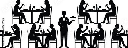 Restaurant dining silhouettes with couples eating, waiter serving wine glasses, elegant black vector illustration of people at tables in gourmet dining scene