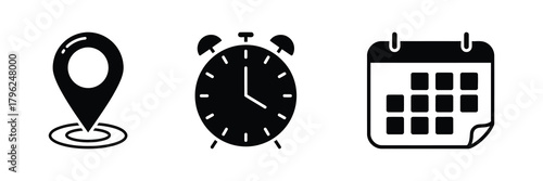 Location, Alarm Clock and Calendar Symbols for Events and Appointments