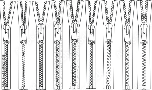Set of detailed zipper illustrations in black and white, isolated vector zip designs for sewing projects, garment accessories, fashion materials