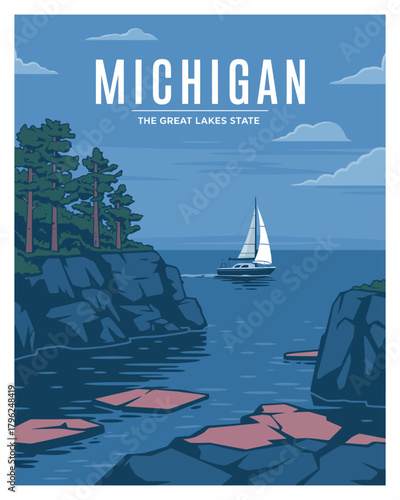 Michigan the great lakes state travel poster. flat style vector illustration for card poster postcard art print