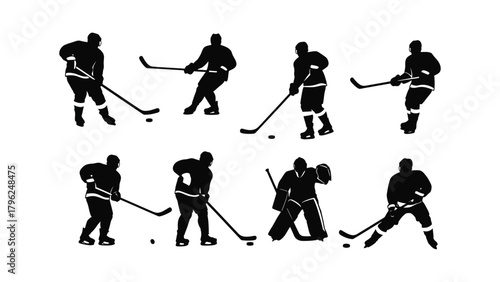 Collection of dynamic ice hockey player silhouettes in various action poses