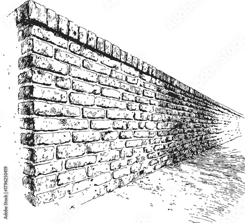 Brick wall sketch hand drawn perspective with detailed stone texture — stock vector