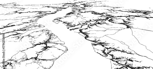 River delta sketch hand drawn landscape with branching waterways and landforms — stock vector