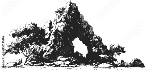 Rock formation sketch, hand drawn arch with rugged texture and surrounding trees — stock vector