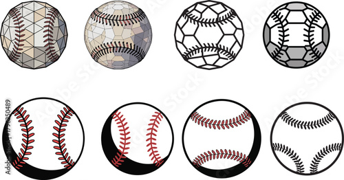 Set of baseballs in different style illustration on transparent background