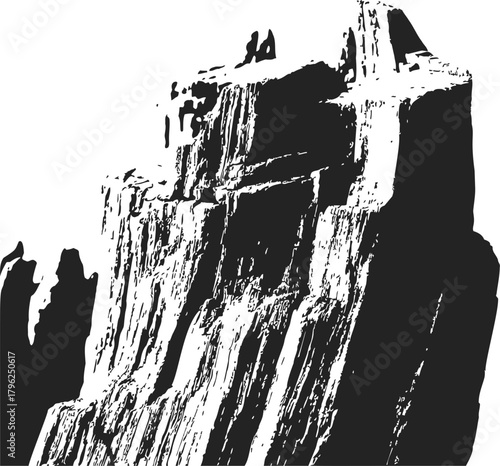 Rock formation sketch, hand drawn style, dramatic cliff with textured vertical faces — stock vector