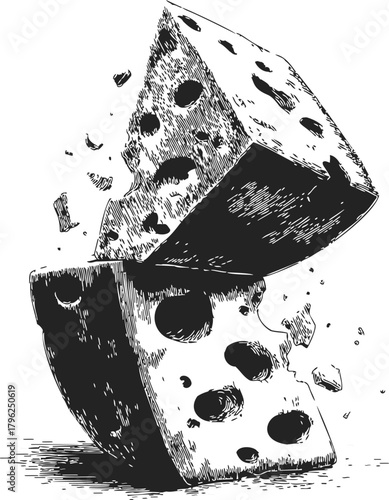 Cheese wedge sketch, hand drawn style, breaking into pieces, detailed texture — stock vector