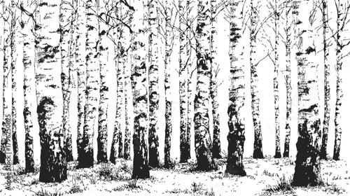 Birch forest sketch hand drawn black and white woodland landscape — stock vector