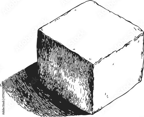 Cube sketch hand drawn with textured shading and cast shadow — stock vector