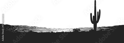Cactus silhouette sketch, hand drawn desert landscape with hills and sparse vegetation — stock vector