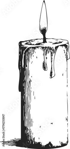 Burning candle, hand drawn sketch with melting wax drips and flame — stock vector