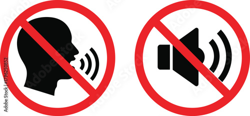 No talking and no sound warning sign, silence zone symbol, prohibited noise icon, quiet area safety instruction vector illustration