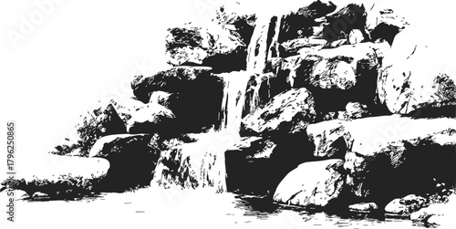 Waterfall, hand drawn sketch, cascading water flowing over rocky cliff with boulders — stock vector