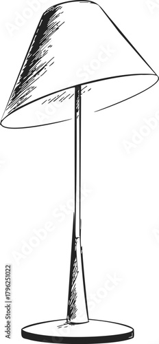 Table lamp sketch, hand drawn style with modern conical shade and slender base — stock vector