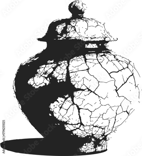 Cracked ceramic jar sketch, hand drawn black and white silhouette with detailed fractures — stock vector