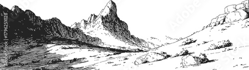 Mountain landscape sketch, hand drawn with rocky peaks and grassy valley — stock vector