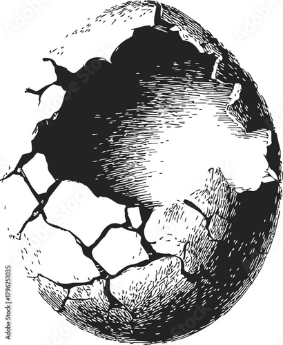 Cracked egg sketch, hand drawn style with detailed broken shell texture — stock vector