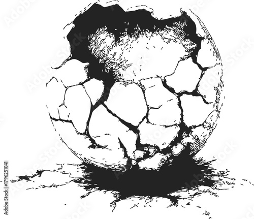 Cracked sphere sketch, hand drawn style, fractured broken globe with scattered debris — stock vector