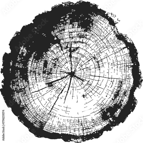 Tree trunk rings sketch, hand drawn cross section showing annual growth pattern — stock vector