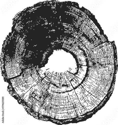 Tree trunk rings sketch, hand drawn cross section showing annual growth rings — stock vector