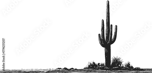 Saguaro cactus sketch, hand drawn desert scene with rocky ground and sparse vegetation — stock vector