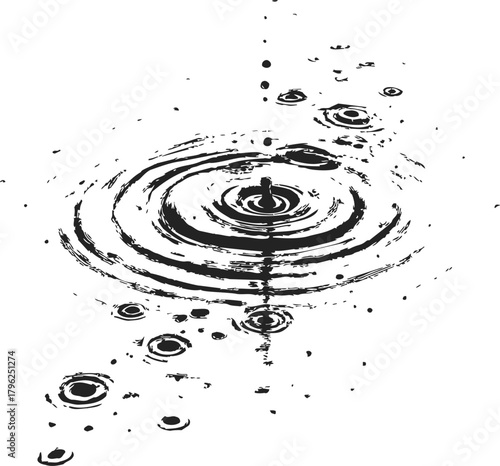 Water ripple sketch, hand drawn style with concentric circles and falling droplets — stock vector