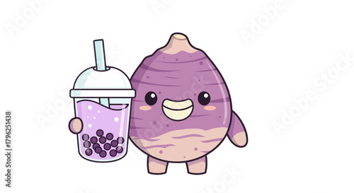 Cute Turnip Character With Boba Tea Drink Against A Solid Black Backdrop