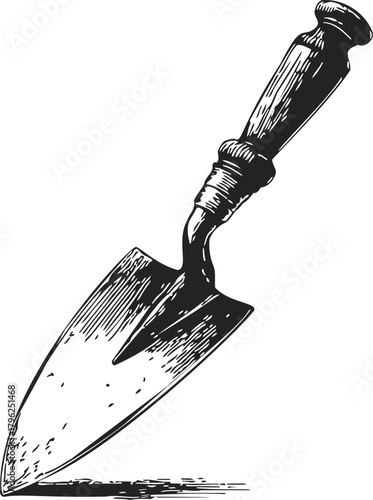 Garden trowel sketch, hand drawn style, detailed metal blade and wooden handle — stock vector