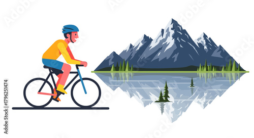 Cyclist Adventure Near Majestic Mountains and Serene Lake with Artistic Style