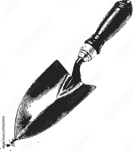 Garden trowel sketch hand drawn tool with wooden handle and soil — stock vector