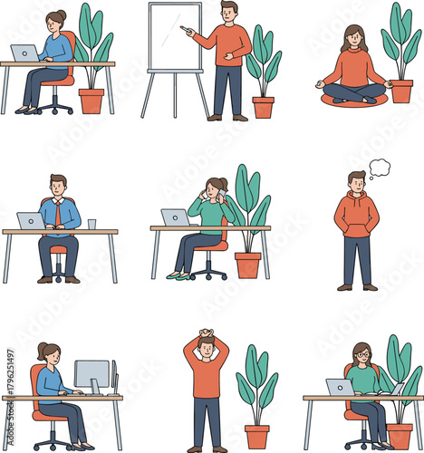 Office worker daily routine, people working on laptop, business meeting, stress relief, meditation, multitasking, productivity and mental health illustration