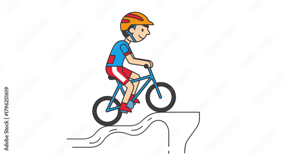 Fototapeta premium Cyclist Balancing Bicycle on Edge of Trail Road, Vector Illustration in Dark Backdrop