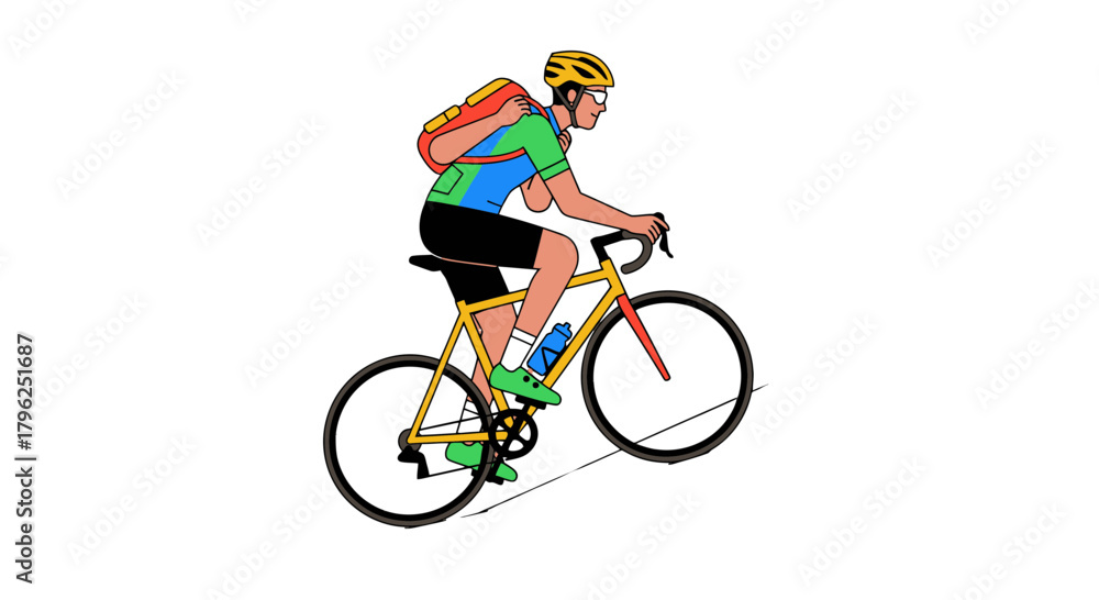 Fototapeta premium Cyclist With Backpack Pedaling Bicycle Against Black Backdrop: Illustration Style