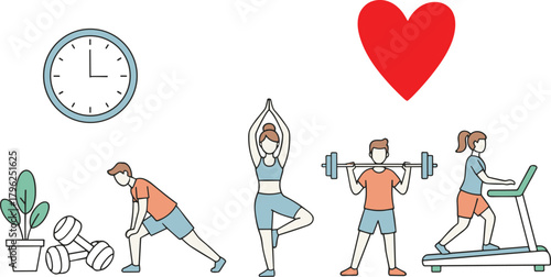 People exercising with gym equipment, yoga, treadmill, stretching, fitness time, healthy lifestyle concept, heart health, vector illustration, flat design