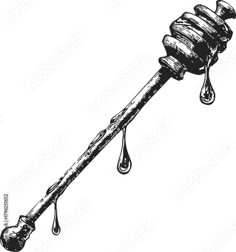 Honey dipper sketch hand drawn with dripping honey isolated on white — stock vector